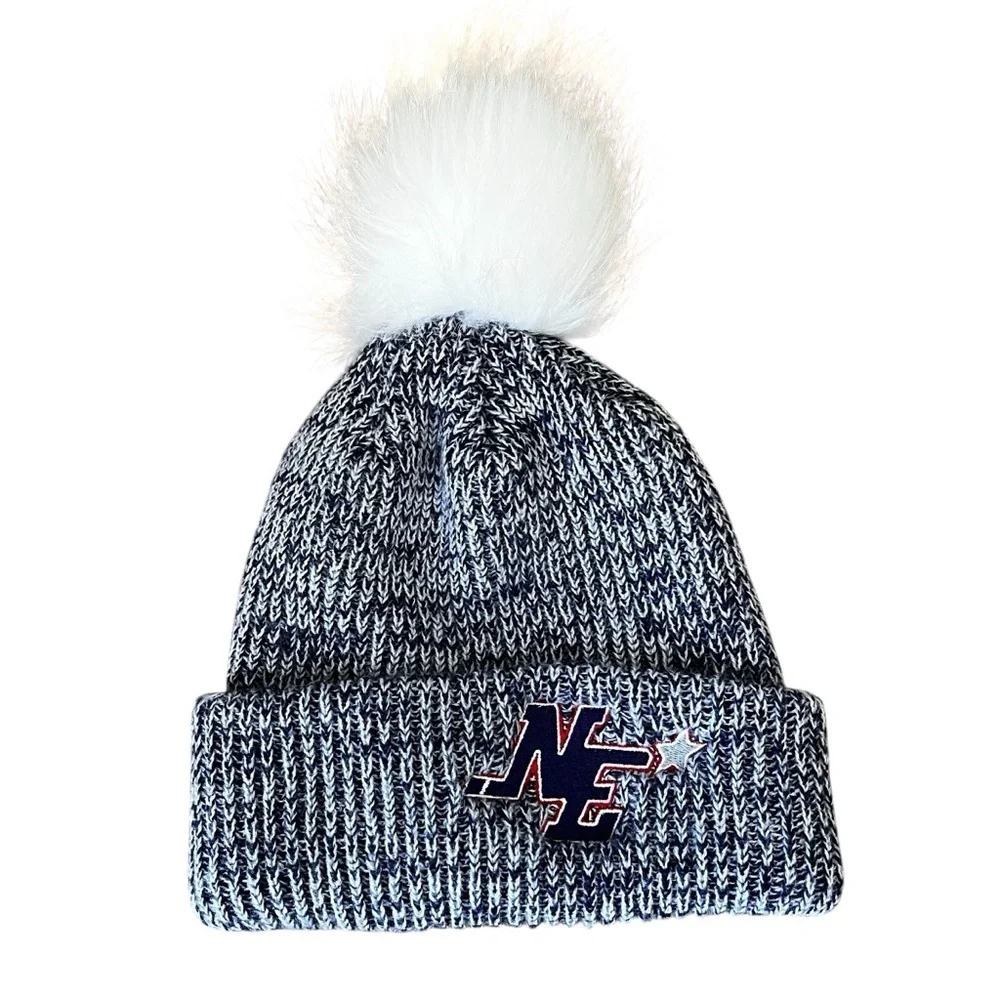 Patriots Women’s Winter Hat Pom Pom Blue White Knit Beanie Cuffed New England